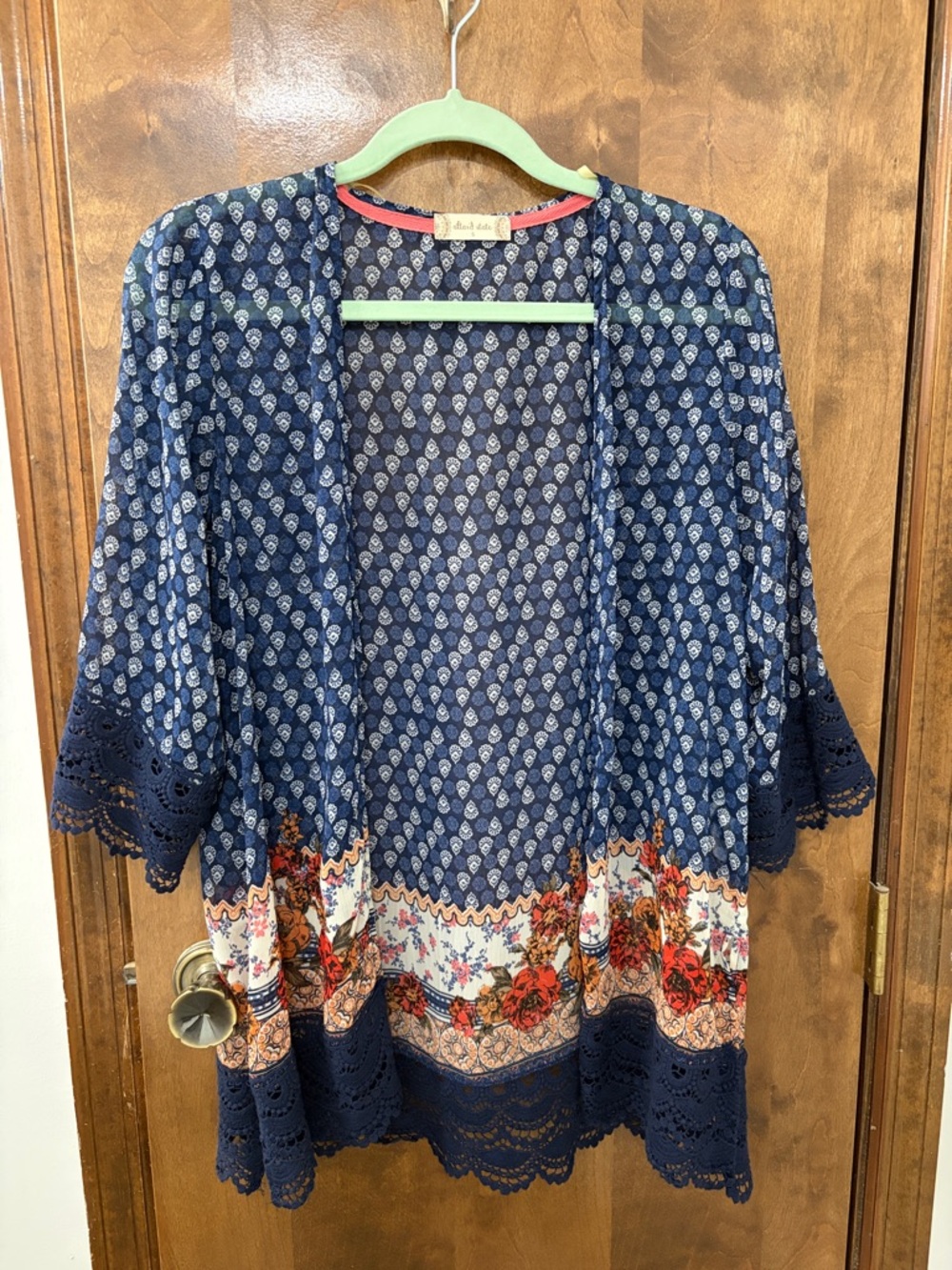 Altar'd State Navy and Coral Floral-Trim Kimono